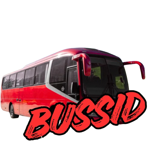 Bus Simulator Indonesia BUSSID logo with red bus isolated on transparent background for branding and game identity